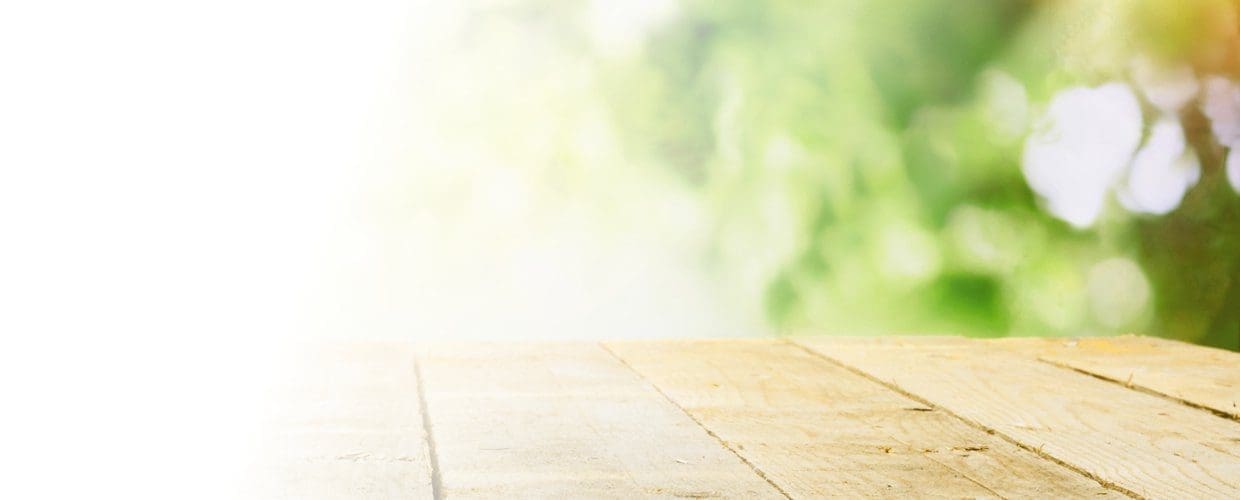 wooden deck with leaves and sunshine